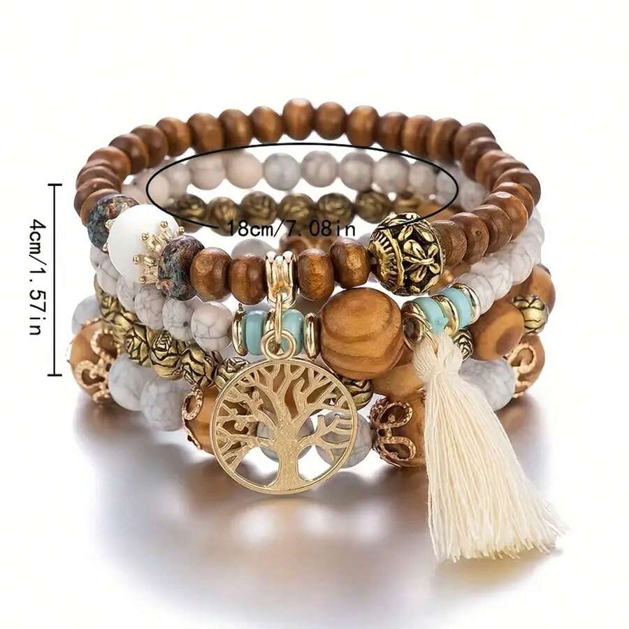 4 Cái/Bộ Cây đời Vật rủ xuống Nhiều lớp Vòng tay cườm Hạt tròn Hạt bằng gỗ Vòng tay Boho Phụ kiện trang sức Thủ công - nhiều màu - Xem 1