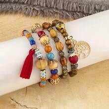 4 Cái/Bộ Cây đời Vật rủ xuống Nhiều lớp Vòng tay cườm Hạt tròn Hạt bằng gỗ Vòng tay Boho Phụ kiện trang sức Thủ công - nhiều màu - Xem 4