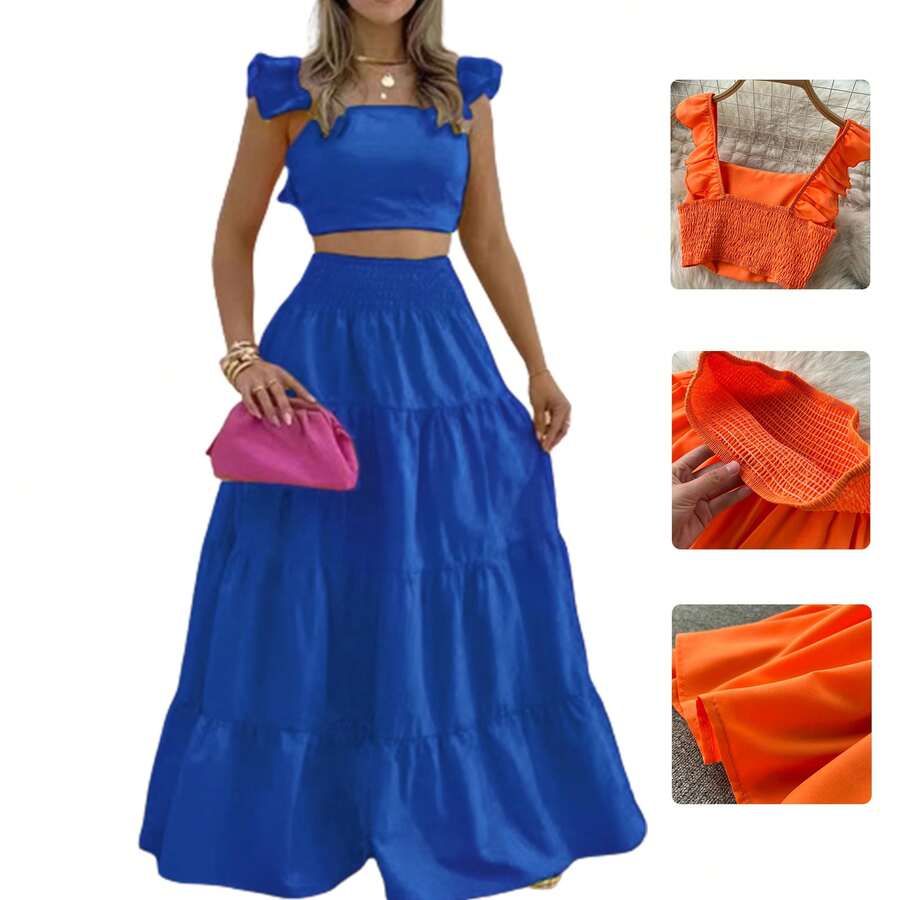 Women's Casual Set High Waist Long Skirt And Crop Top - 藍色 - 查看 1