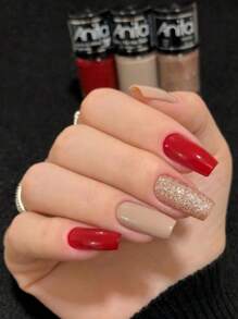 24 Piezas De Uñas Rojas Cuadradas Cortas Con Decoración De Diamantes De Imitación, Polvo De Diamantes Brillante. Uñas Portátiles Para El Estilo Universitario Y Dulce. Incluye 1 Lima De Uñas Y 1 Pieza De Gel - Multicolor - Ver 1