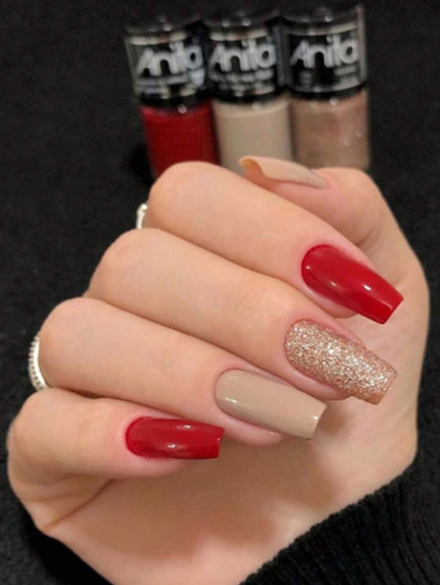 24 Piezas De Uñas Rojas Cuadradas Cortas Con Decoración De Diamantes De Imitación, Polvo De Diamantes Brillante. Uñas Portátiles Para El Estilo Universitario Y Dulce. Incluye 1 Lima De Uñas Y 1 Pieza De Gel - Multicolor - Ver 1