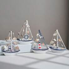 1 件海洋风格贝壳裂纹船摆件，创意木制帆船模型小摆件，创意装饰手工艺船，工艺装饰摆件，桌面装饰（手工作品可能有轻微瑕疵，不影响使用，如介意请谨慎购买）最佳礼物 - 白色 - 查看 3