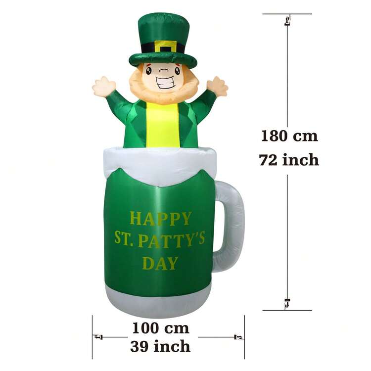 St. Patrick's Day Inflatable Leprechaun In Beer Cup Lighted Indoor & Outdoor St. Patrick Yard Lawn Garden Decoration With Built-In Fan And Anchor Ropes 6 Feet /1.8 M Tall - Green - View 2