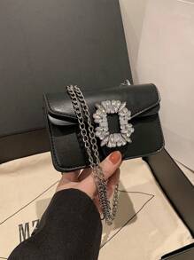 迷你水钻金属装饰斜挎包，时尚翻盖腋下包，配金属链条肩带，女士时尚钱包圣诞礼物 - 黑色 - 查看 8