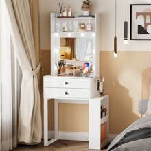 Small Vanity Desk With Mirror,Dresser With 3 Adjustable Lighted  Mirror, Makeup Vanity With Charging Station, Vanity Table With Glass Desktop & 2 Drawers & 4 Open Storage Shelves,White,Spring New Arrivals - trắng - Xem 1