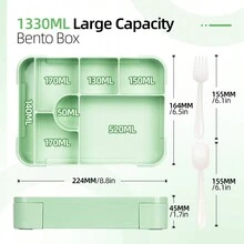 1pc, 1330ml Bento Lunch Box, Leak-Proof Lunch Box For Adults, Food Container And Cutlery Set With 7 Compartments, Suitable For Office, Outing - Apple Green - View 2