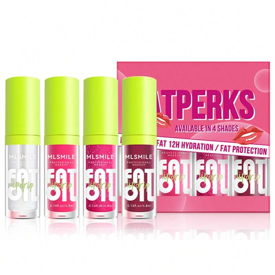 4 Colors Lip Oil Lip Glaze,Fat Lip Oil Drip,Big Brush Head Hydrating ...