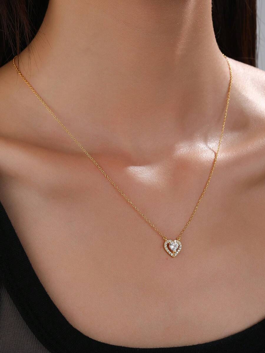 1入組純銀S925鍍金充分的氧化鋯心形項鍊適合女士,時尚奢華多用途女士們首飾類禮品