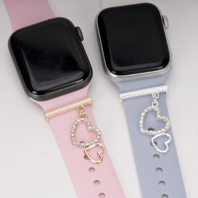 リネストーン ダブルラブチャーム ウォッチストラップ デコレーションリング、38mm、40mm、41mm、42mmのスマートウォッチシリコンストラップ用、学生への入学祝いのギフトに