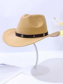 1pc Kid Gift Hat With Metallic Star, Western Style Cowboy Hat, Faux Knitted Felt Jazz Hat - Khaki - View 1