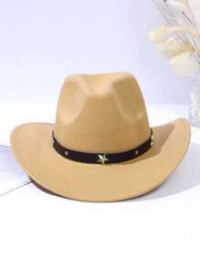 1pc Kid Gift Hat With Metallic Star, Western Style Cowboy Hat, Faux Knitted Felt Jazz Hat - Khaki - View 2