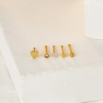 5入組心形不鏽鋼鼻釘套裝