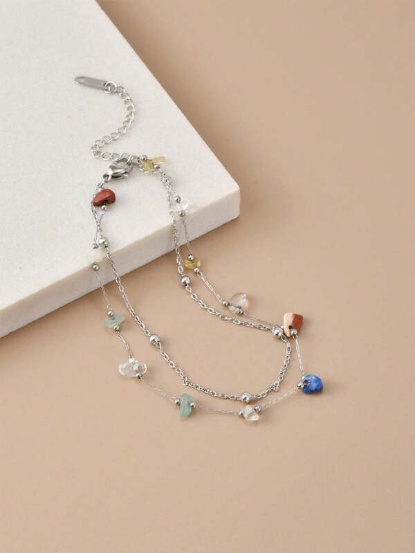 1pc Natural Pebble Stainless Steel Anklet For Women, Summer Beach Foot Jewelry (Note: Asymmetrical Stone Size And Shape, Color May Vary Due To Handmade, Number Of Stones And Length May Differ)