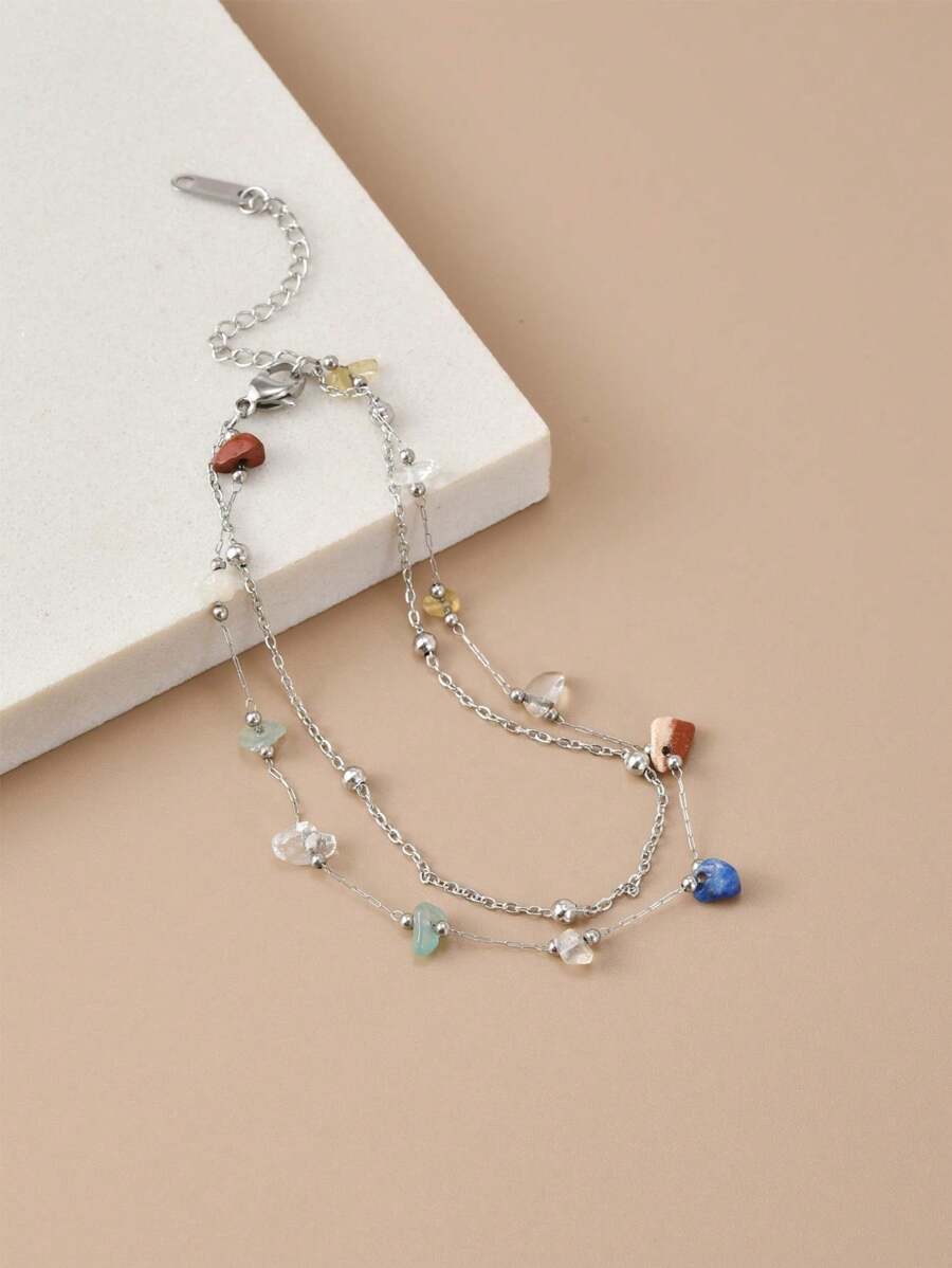 1 件女士天然鹅卵石不锈钢脚链，夏季海滩脚饰（注意：宝石大小和形状不对称，颜色可能因手工制作而有所不同，宝石数量和长度可能有所不同）