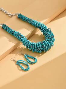 Bộ trang sức 2 chiếc bao gồm một chiếc vòng cổ hạt gạo dệt và một đôi bông tai, vòng cổ xương đòn thời trang và đa năng theo phong cách Âu Mỹ - cái hồ màu xanh - Xem 3