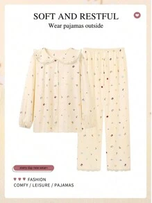 1set Ditsy Floraled Peter Pan Collar Top And Long Pants Lightweight Skin-Friendly Pajamas Set For Spring/Summer