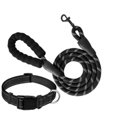 1 套寵物皮帶和項圈,反光皮帶和可調式尼龍項圈,適合中型、小型和大型犬 - 黑色 - 查看 2