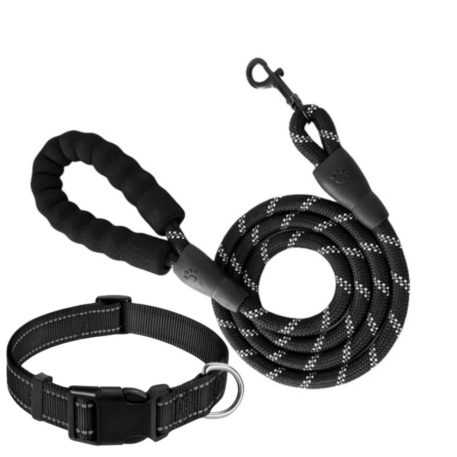 1 套寵物皮帶和項圈,反光皮帶和可調式尼龍項圈,適合中型、小型和大型犬