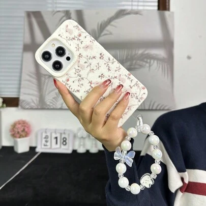 Floral Pattern Silicone Phone Case With Bowknot Charm And Beaded Chain, Compatible With IPhone15/15Pro/15ProMax/14/13/12/11/XsMAX Series Protective Cover