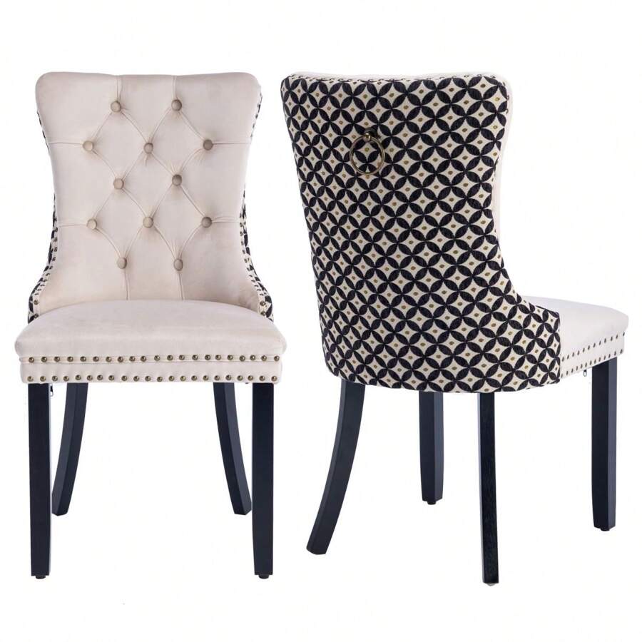 2/4/6 Piece Set Velvet Upholstered Dining Chairs, Wingback Side Chairs Button Tufted With Solid Wood Legs For Kitchen,Dining Room. - Beige-Floral - View 1