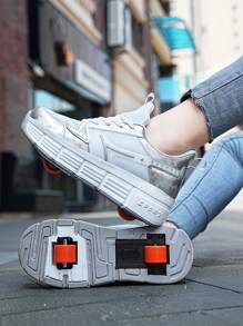 Transformable Dual-Wheel Heelys Roller Skate Shoes For Boys, Adjustable And Removable Wheels - Silver - View 2