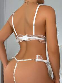 2入組珍珠鏈＆絲綢＆蕾絲純色女士內衣套裝 - 白色 - 查看 2