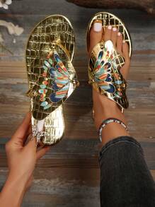 Women's French Retro Unique Design Flip Flops Flat Hollow Butterfly Slippers For Summer Outdoor Wear - Gold - View 1
