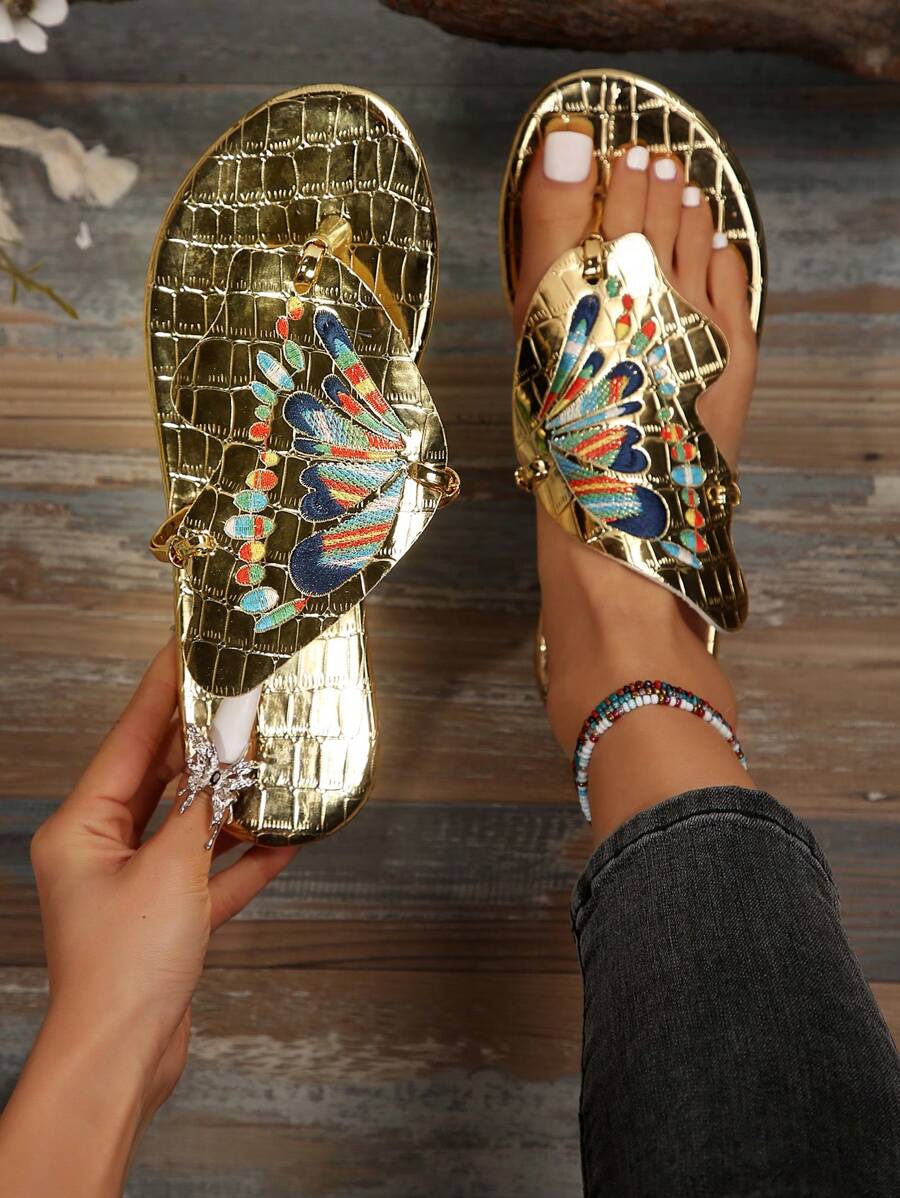 Women's French Retro Unique Design Flip Flops Flat Hollow Butterfly Slippers For Summer Outdoor Wear - Gold - View 1
