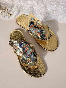 Women's French Retro Unique Design Flip Flops Flat Hollow Butterfly Slippers For Summer Outdoor Wear - Gold - View 5
