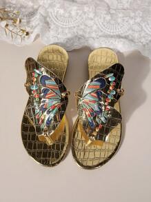 Women's French Retro Unique Design Flip Flops Flat Hollow Butterfly Slippers For Summer Outdoor Wear - Gold - View 4