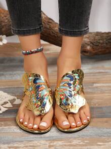 Women's French Retro Unique Design Flip Flops Flat Hollow Butterfly Slippers For Summer Outdoor Wear - Gold - View 2