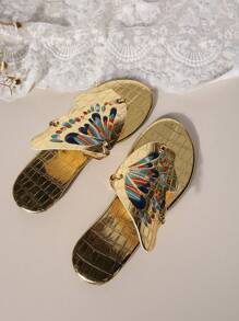 Women's French Retro Unique Design Flip Flops Flat Hollow Butterfly Slippers For Summer Outdoor Wear - Gold - View 6