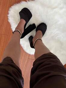 Women's Rhinestones Pumps Fashion Platform Black Chunky Heels Ankle Strap Square Toe Shoes - Black - View 2