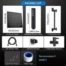Stainless Steel Square Showerhead And Handheld Showerhead Combo Set With Shower Hose, High Pressure And Switchable Shower Modes - Black - View 2