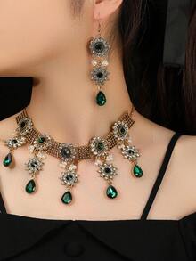 1 套 3 件歐美風格合金水鑽項鍊和耳環套裝適合女士日常佩戴 - 花朵 - 查看 11