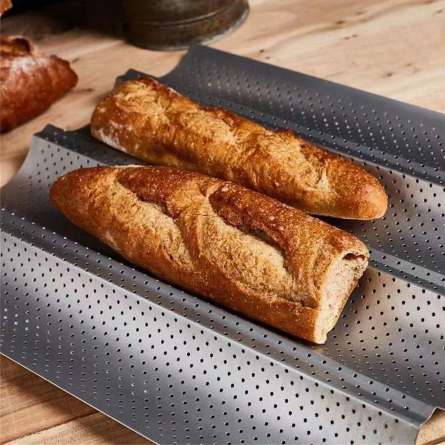 1個銀色法式長棍麵包烤盤,帶有2/3/4條溝槽,碳鋼防粘方便脫模烤模具 - 銀色 - 查看 1