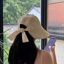 女士黑色蝴蝶结遮阳帽，新款防紫外线夏季旅行遮阳帽 - 彩色 - 查看 4