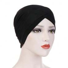 1pc Stretch Forehead Crossed Turban Hat Women Solid Color Hijab Hat Casual Elastic Head Wrap Lightweight Chemo Hat Headscarf Hats Bonnet Hair Bonnet Turban
