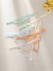 5入組女士純色蕾絲拼接低腰三角褲,性感舒適高彈性半透明蕾絲丁字褲,多色組合內衣套裝 - 彩色 - 查看 5