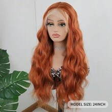 薑色蕾絲前髮套毫不粘懸,身體波薑橙色合成長波浪髮,適用於女性中分前拔髮13x4x1蕾絲假髮柔軟光滑耐高溫合成纖維頭髮日常使用 - 薑色 - 查看 7