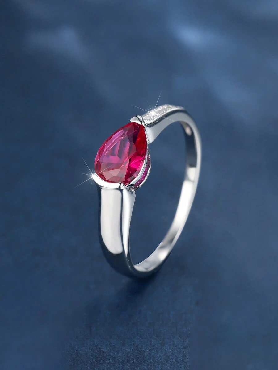 1入組時尚方晶鋯石水滴裝飾銀戒指適合女士適用於禮品 - 玫紅色 - 查看 1