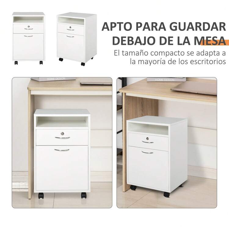 HOMCOM Cajonera para Oficina con 4 Ruedas 2 Frenos Cajón Cerradura Estante Abierto y Armario Estudio Habitación 40x35x60cm Máximo 25kg Blanco - Blanco - Ver 3