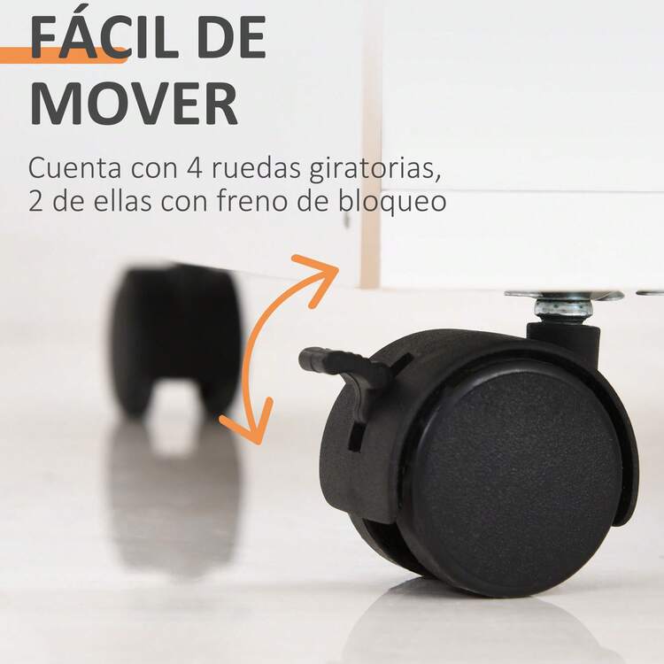 HOMCOM Cajonera para Oficina con 4 Ruedas 2 Frenos Cajón Cerradura Estante Abierto y Armario Estudio Habitación 40x35x60cm Máximo 25kg Blanco - Blanco - Ver 4