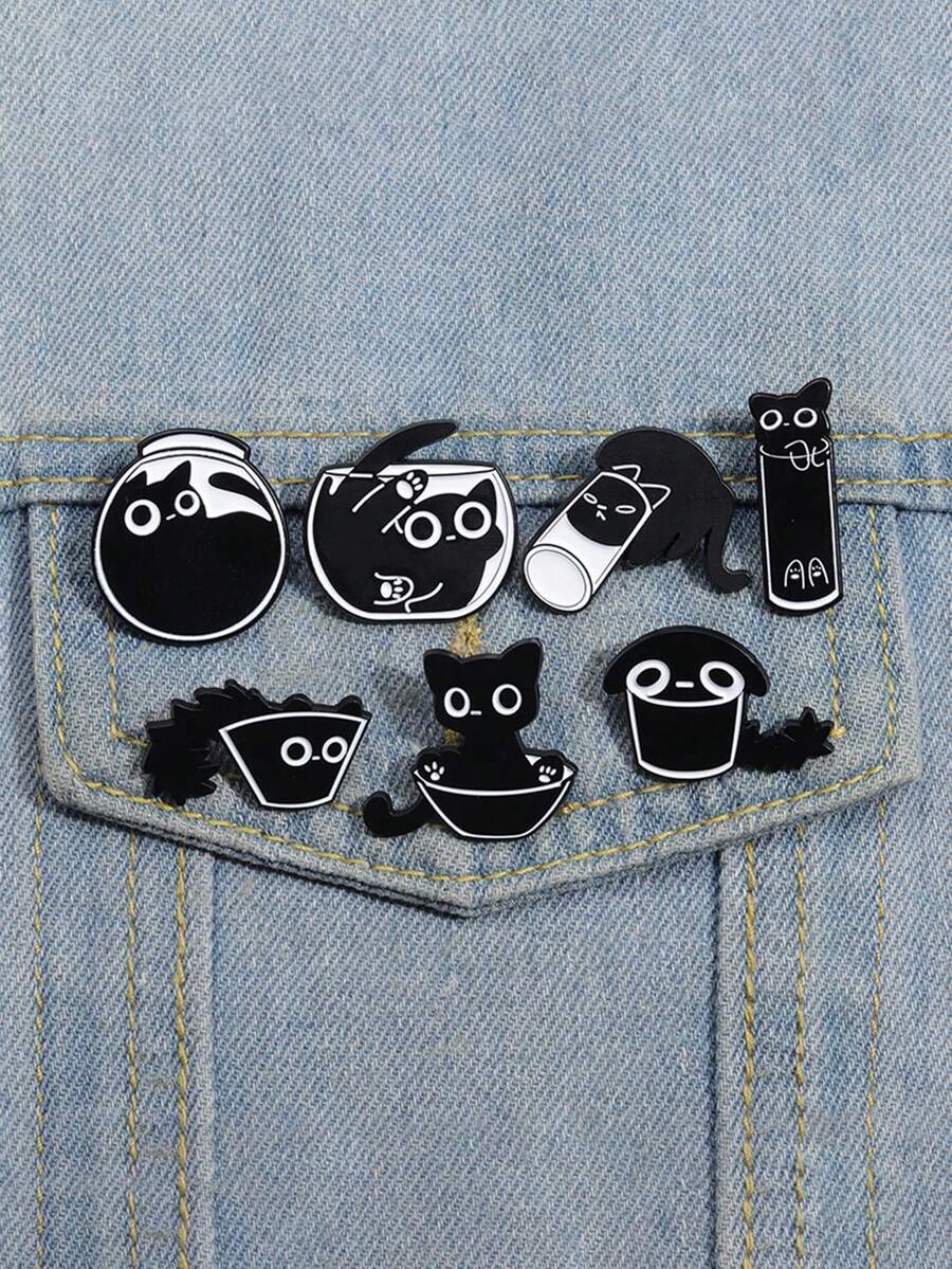1 件有趣可愛黑貓造型卡通動物胸針,幽默珠寶配件適合男女日常佩戴 - 黑與白 - 查看 1