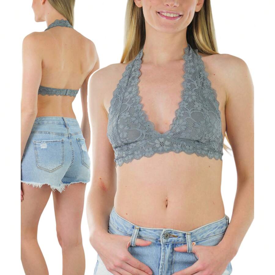 ToBeInStyle Women's Lined Lace Halter Stretch Bralette - 灰色 - 查看 1
