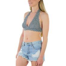 ToBeInStyle Women's Lined Lace Halter Stretch Bralette - 灰色 - 查看 3