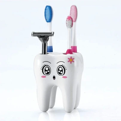 1pc Popular White Cartoon Tooth-Shaped Toothbrush Holder & Organizer For Pens, Office & Desktop Home Bathroom Decor Fall Decor Back To School