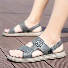 Men's Pu Leather Open Toe Dual-Purpose Slides, Anti-Slip Beach Slippers - Grey - View 3
