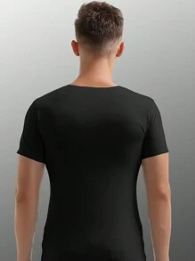 夏季男士無縫冰絲黑色短袖t卹圓領修身上衣薄背心 - 黑色 - 查看 2