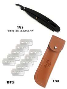 Navaja de afeitar de filo recto profesional con 10 cuchillas, navaja de filo recto premium de hoja única, maquinilla de afeitar manual para hombres, perfilador de bigote y barba, incluye estuche - Negro - Ver 2